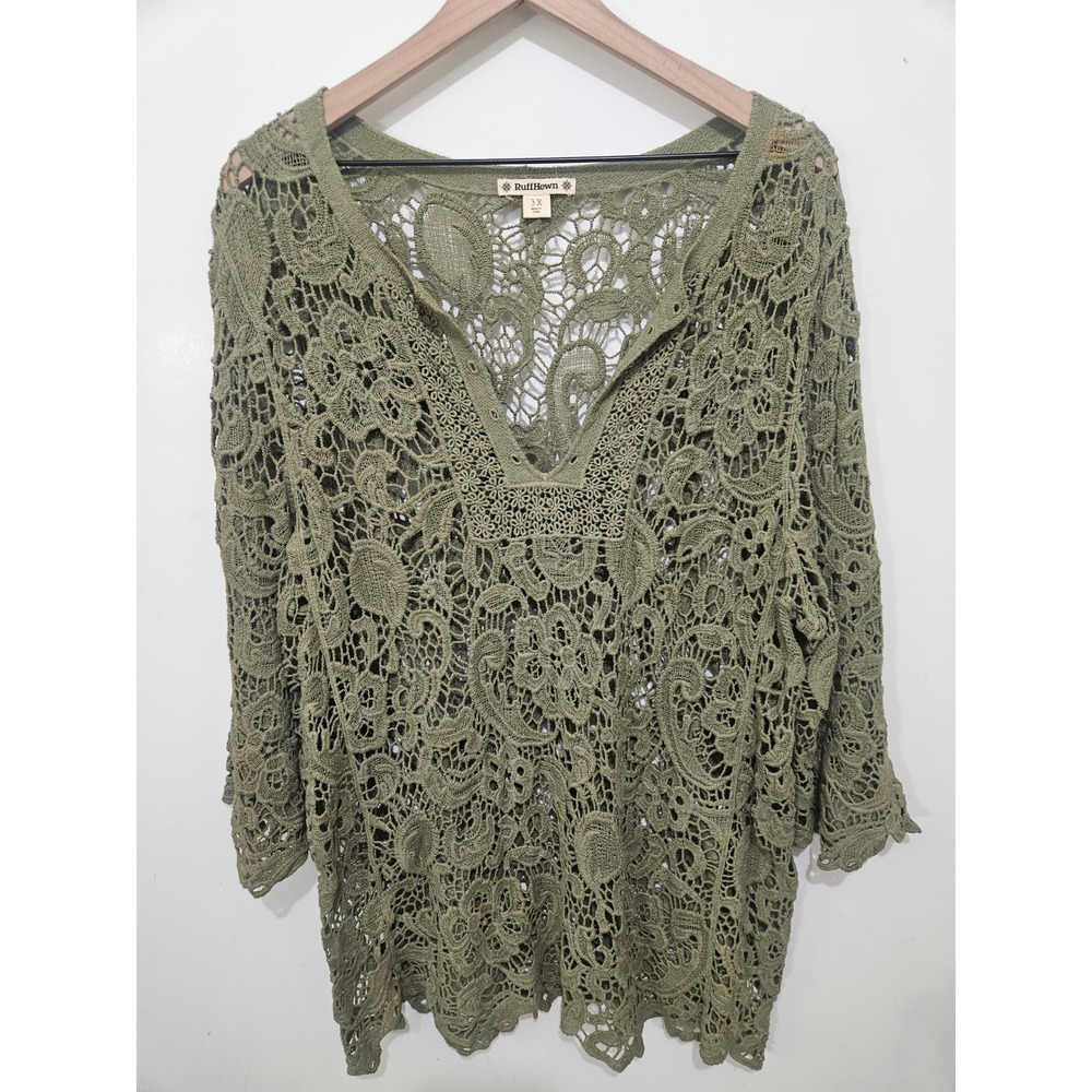 RuffHewn Olive Green Crochet Lace V-Neck Top Plus Size 3X Cotton Boho